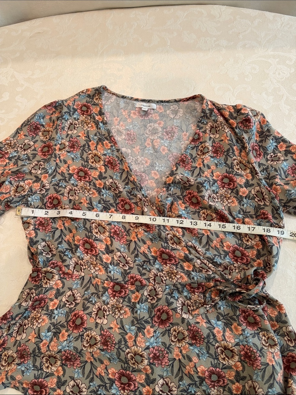 Maurices Dusty GreenFloral Wrap Top with Peach and Cream Blooms - Picture 11 of 12